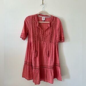Coral-Pink Embroidered Tassel Mini Dress